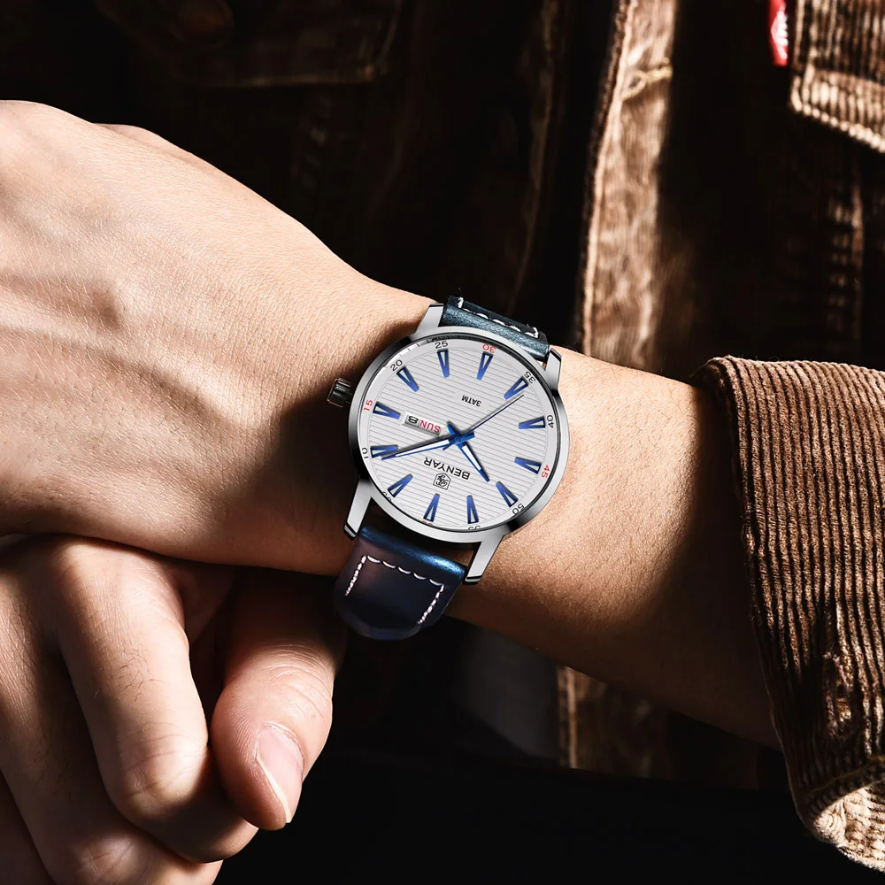 BENYAR 2018 New Men Watch Luxury Top Brand Automatic Week Date Military Fashion Male Quartz Leather