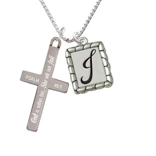 Pebble Border Initial - J - She will not Fall - Cross Necklace (1)