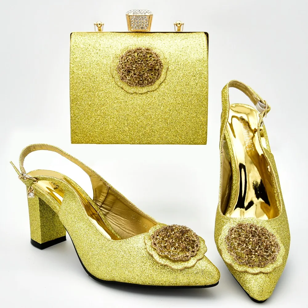 

Free shipping new arrival african aso ebi party middle heel sandals shoes with clutches bag in gold color shining shoes SB8378-4