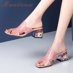 Meotina Summer Shoes Women Slides Natural Cow Leather Thick High Heel Shoes Rhinestone Open Toe Slippers Lady Sandals Size 34-39 Meotina Summer Shoes Women Slides Natural Cow Leather Thick High Heel Shoes Rhinestone Open Toe Slippers Lady Sandals Size 34-39