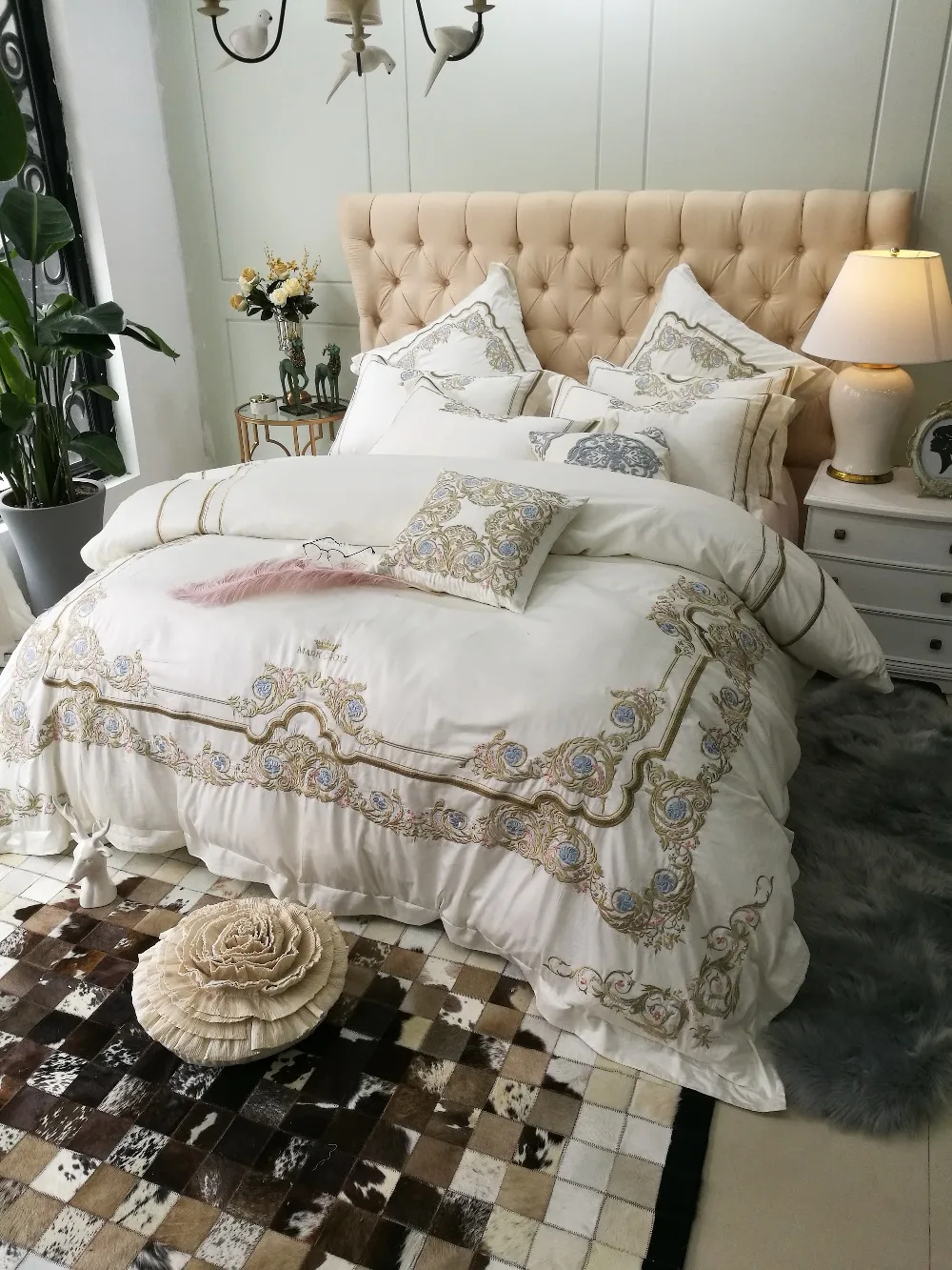 Waliicorners Elegant embroidery Bedlinen Egyptian Cotton flowers Bedding sets queen king size Duvet cover pillowcase Flat Bedsheet 7 QQ20170625162954