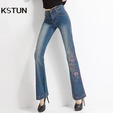 Женские джинсы с вышивкой, с высокой талией, с вышивкой, тонкие, с цветочным узором, винтажные, качественные, с колокольчиками, пуш-ап, сексуальные, 36