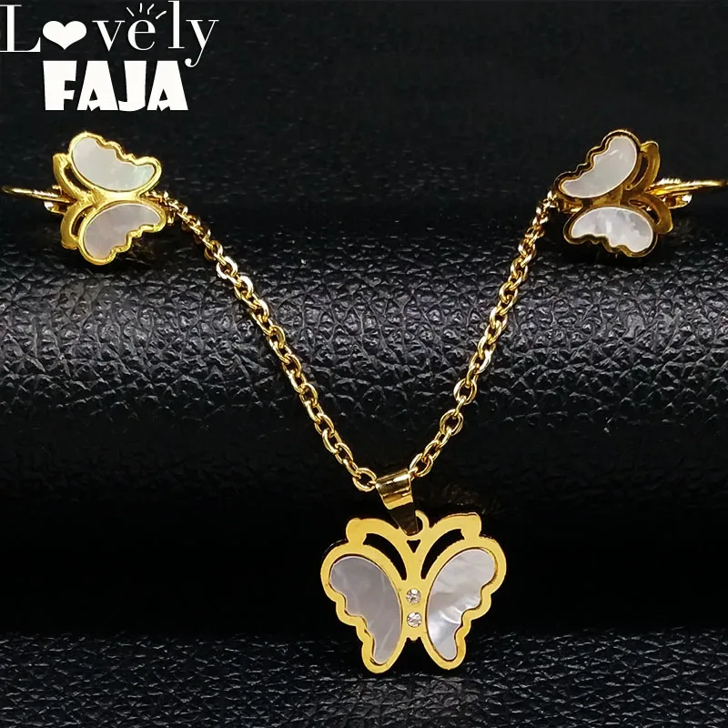 

2019 Butterfly Stainless Steel Shell Necklace Earings Jewelry Set Women Gold Color Fashion Jewelry ensemble bijoux femme S178445