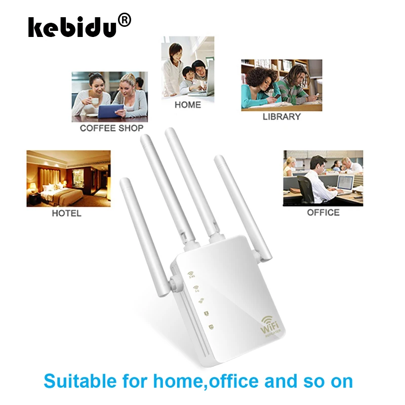 

kebidu 1200Mbps Home Wireless Router WIFI Repeater 2.4G/5Ghz Wi Fi Amplifier 4*2dbi Antenna 802.11ac Access Point Signal Booster