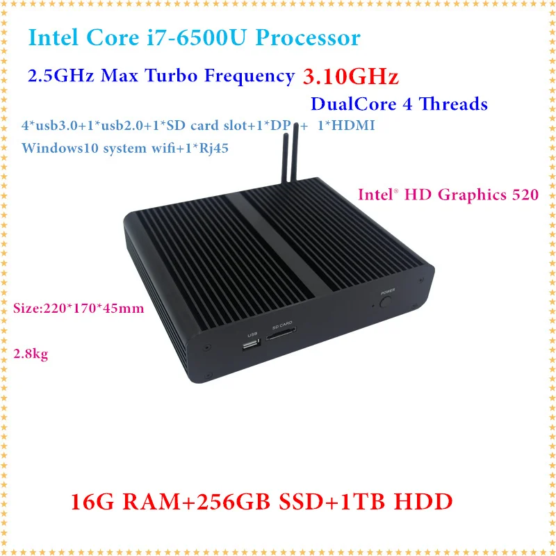 Lowest Price 6th Gen. i7 6500U CPU Fanless Mini PC i7 SKYLAKE HTPC 16GB RAM 256GB SSD 1TB HDD Blu-ray Micro PC Small Size Mini Computers