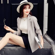 Осенние новые женские повседневные блейзеры женские свободные блейзеры с длинным рукавом светло-серые длинные женские офисные куртки для работы женский костюм