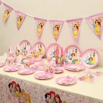 

for 6kids Princess Party Supplies Disposable Plate Cup Flag Tablecloth Set Kids Birthday Party Decorations Favors