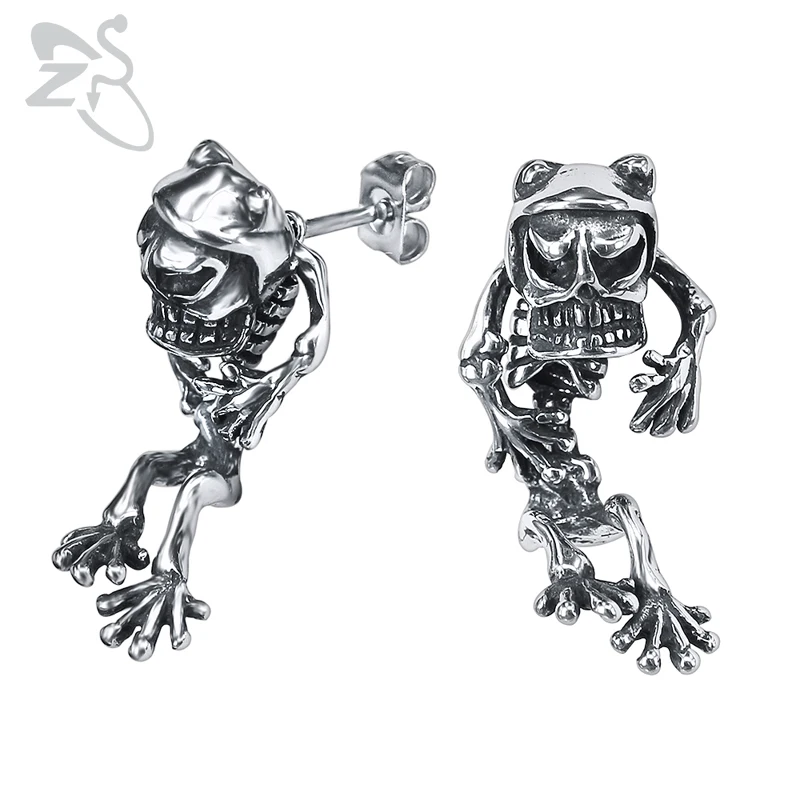 ZS Punk Skeleton Stud Earrings Men's Skull Stainless Steel Jewelry 1 Pair Rock Roll Earring Hip Hop Biker Accessories | Украшения и