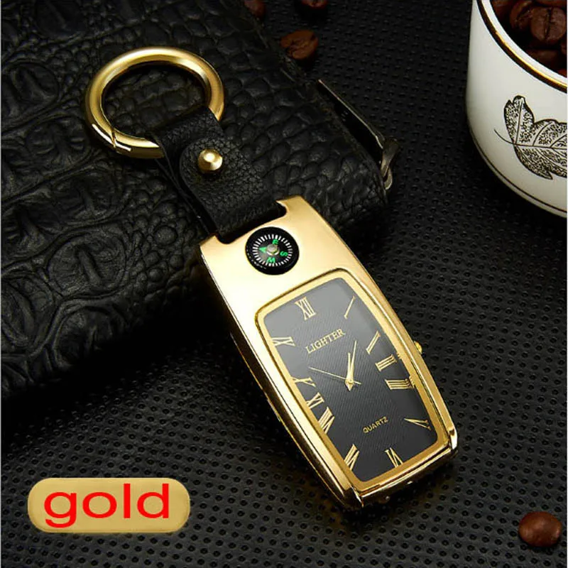 Многофункциональные часы USB сигарета зажигалка-фонарик - Цвет: gold