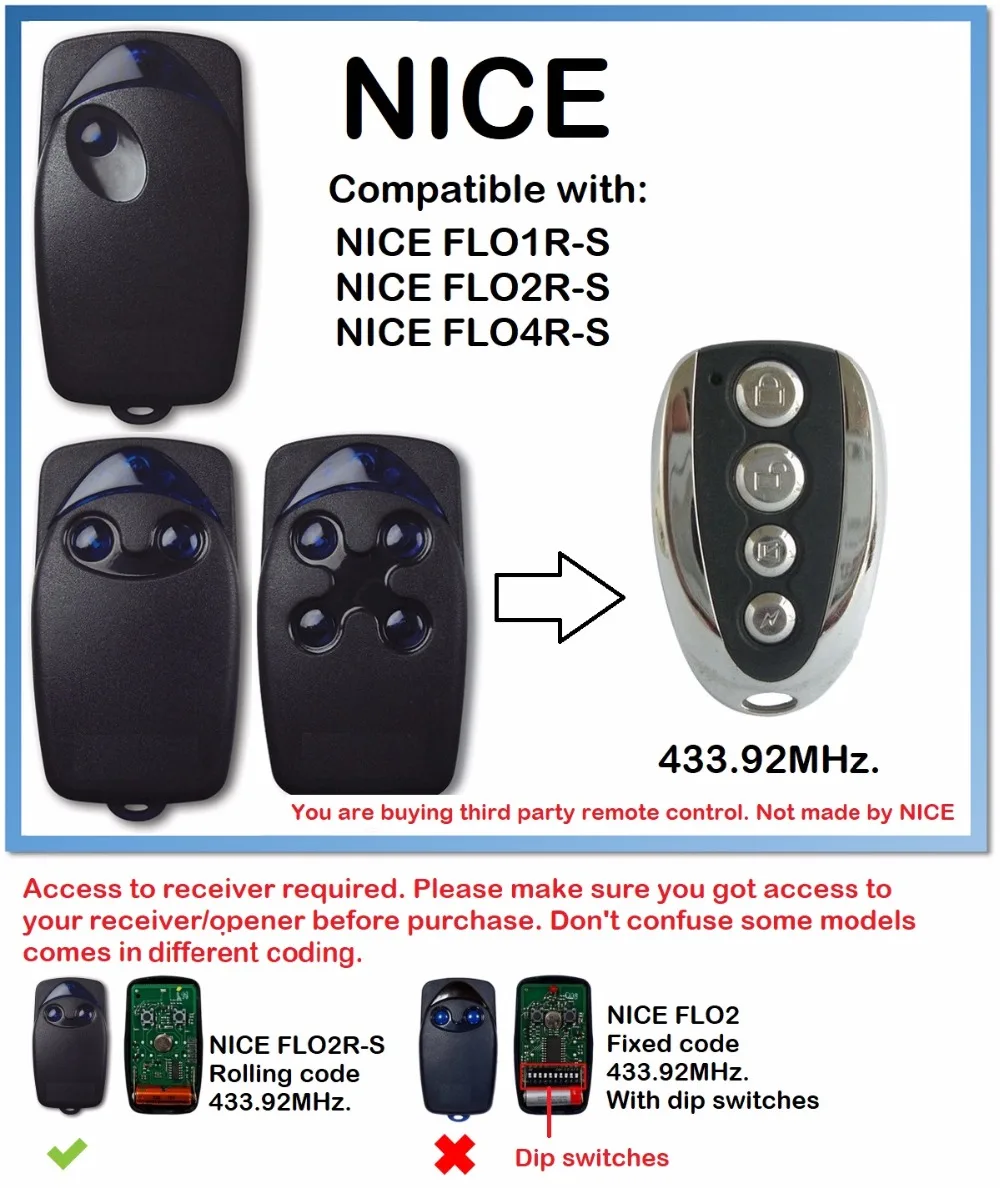 

NICE Flor-S FLO1R-S FLO2R-S FLO4R-S flors replacement Cloning/Duplicator Remote Control Key Fob 433.92Mhz rolling code