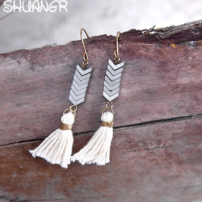 SHUANGR Ethnic Beige Tassel Earring Natural Stone Dangle Earrings