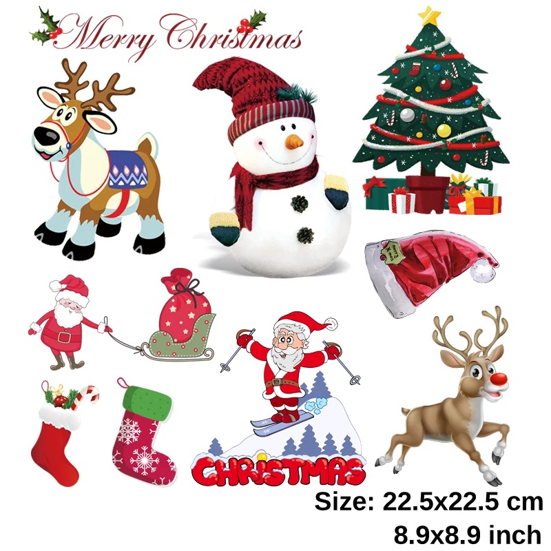 1-Iron On Transfers Christmas Set Collection Print On T-Shirt Diy Accessory Clothes Decoration Washable Clothes Stickers
