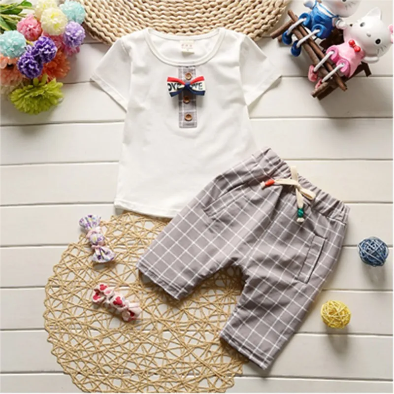 

Baby Summer Fashion Cute Cartoon Short Sleeve T-shirt Tops + Plaid Pants Suit Kids Boys 2pcs Set