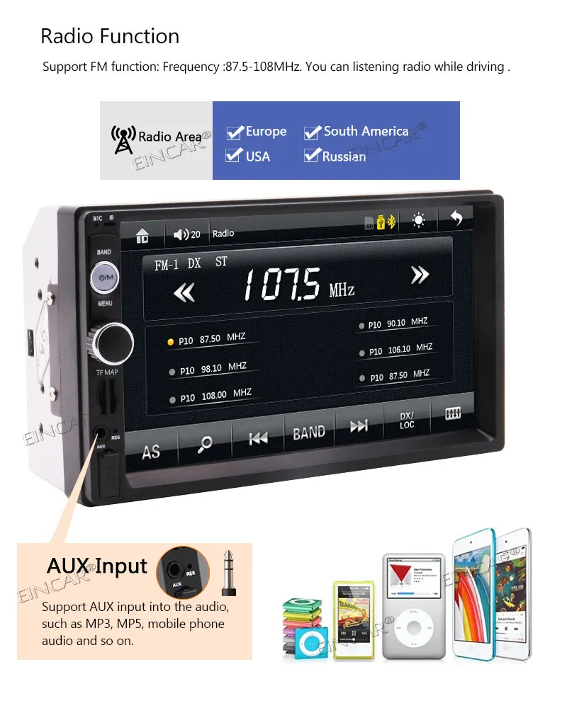 Eincar Double 2 Din 7 Inch Capacitive Touch Screen Car Stereo with High Resolution Support Bluetooth/Rear Camera Input/SWC/USB