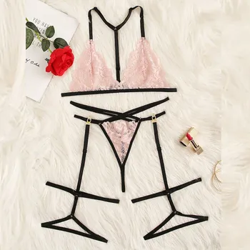

Sexy Exquisite Lace Lingerie Bra and low-Rise Briefs with Garter Set Babydoll Cut-Out Underwear Nightwear Present for Girlfriend
