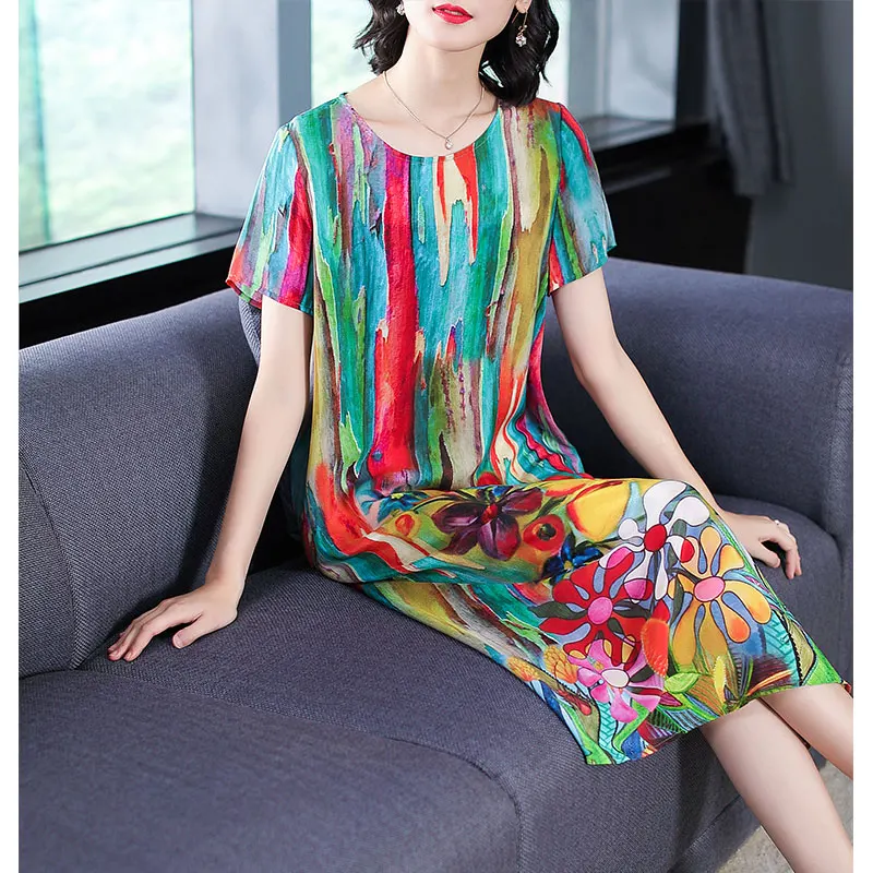 

Imitate Real Silk Dress 2018 New Summer Fashion Print Women Dress Plus Size Short Sleeved Lady Dresses European And American