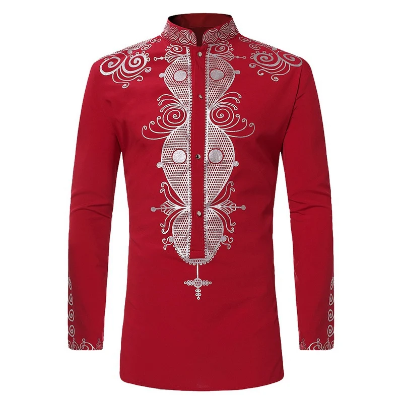 Laamei модная индивидуальная мужская повседневная приталенная африканская одежда с длинным рукавом Camisa Рубашки повседневные тонкие с длинным рукавом - Цвет: Красный