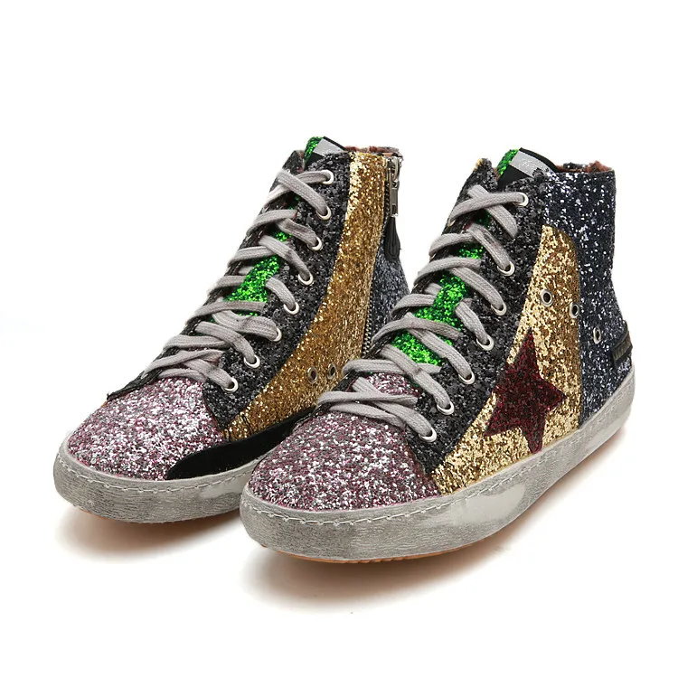 

Women Casual Shoes High Top Do Old Dirty Shoes Mixed Color Women Sequins Golden Star Goose Fleeces Shoes for Lady