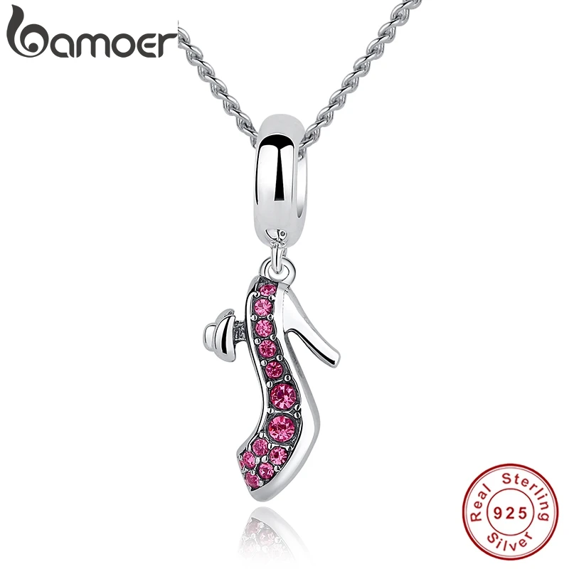 

BAMOER 925 Sterling Silver Female High Heels Red Crystal Shoes Pendant Necklace For Women Engagement Jewelry CC028