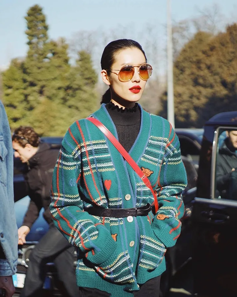 Star Liu Wen Street Pat The Same Vintage Plaid Wool Woven V-neck Loose Long-sleeved Cardigan 2019 V-Neck Sweater Clothes Women