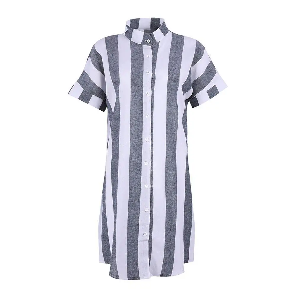 

2019 New Women Fashion Casual Short Sleeve Stand-up Collar Stripe Summer Shirt Dress