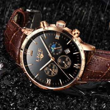 

Mens Watches Top Brand Luxury LIGE Fashion Watch Men Leather Quartz Watch For Male Auto Date Rose Gold Shell relogio masculino
