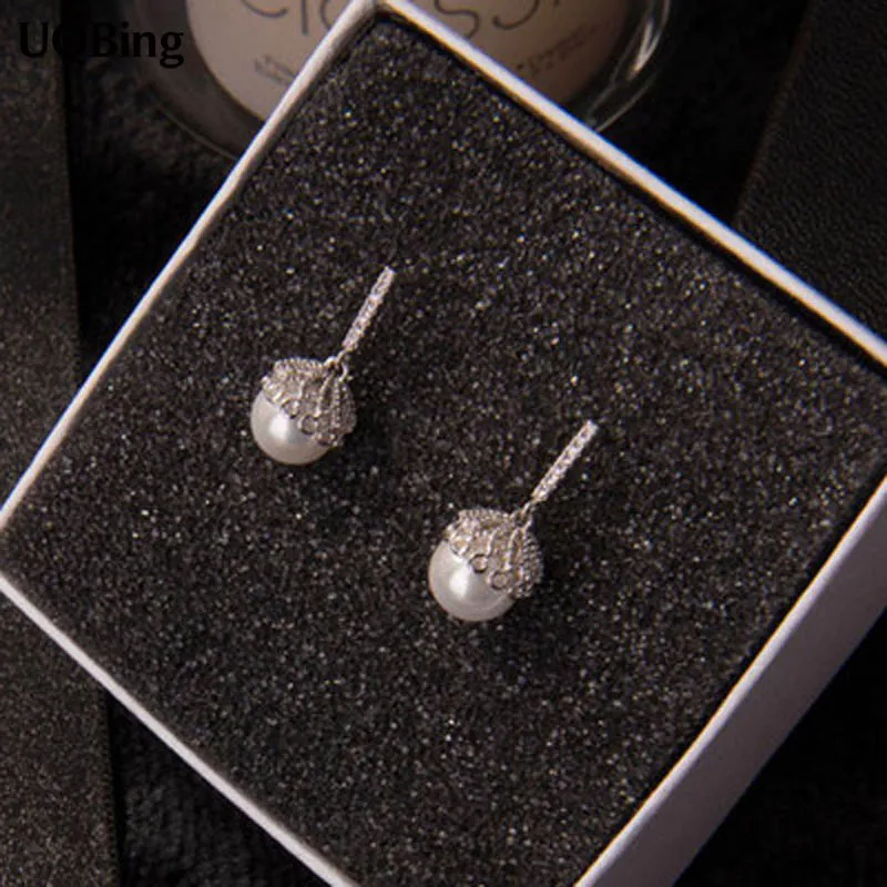 Женские серьги гвоздики из серебра 925 пробы с кристаллами и жемчугом|pearl stud