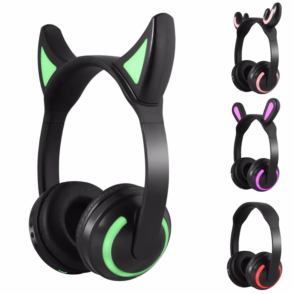 Wireless Bluetooth Headphones Cute Ear Luminous LED Sports Earphones Super Bass Stereo Gaming Headset With Microphone