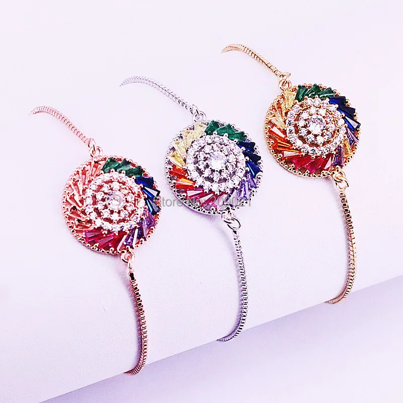 

10Pcs New Arrived Mirco Pave Colorful CZ Cubic Zirconia Rainbow Charm Round Connector Bracelets for Women Jewelry