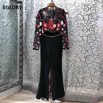 

Top Grade Designer Clothing Sets 2019 Summer Fashion Pant Suit Women Sequined Embroidery Tops Blouse+Flare Leg Long Pant Set 2pc