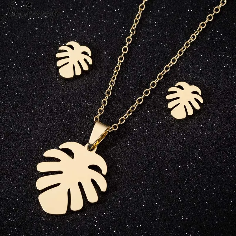 

Jisensp Bohemian Statement Tropical Plants Leaf Jewelry Sets for Women Simple Fashion Palm Leaves Pendant Necklace Earrings Gift