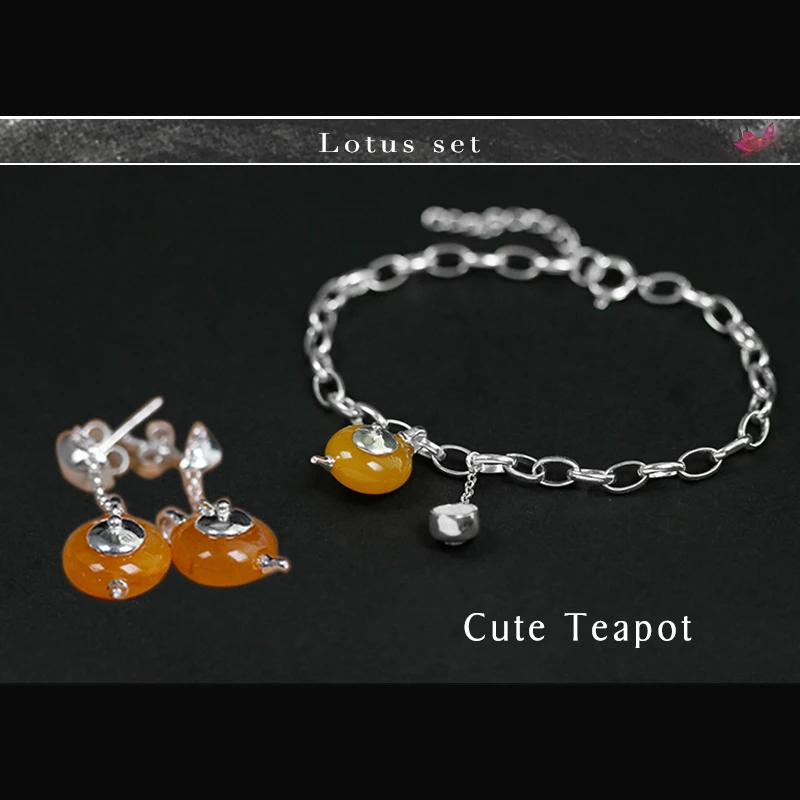 Lotus Fun Real 925 Sterling Silver Natural Amber Handmade Fine Jewelry Cute Teapot Jewelry Set with Dangle Earring Bracelet