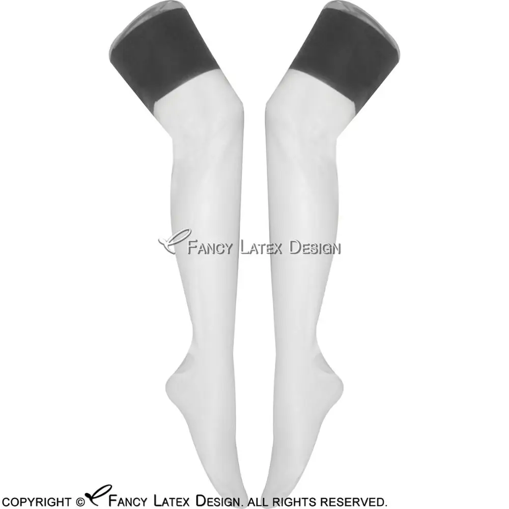 

White With Black Sexy Long Latex Thigh High Stockings With Trims On Top Rubber Stocking WZ-0001
