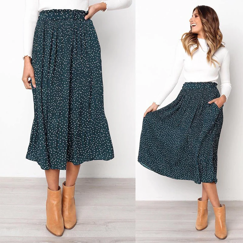 

2019 Spring and Summer New fashion ladies skirt Bohemian wild print wave point pocket long skirts for women skirt Princess dress