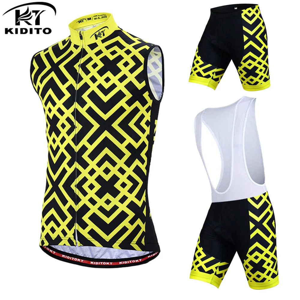 

KIDITOKT Grid Cycling Jersey Mens Summer Windproof Sleeveless Sport Wear Waistcoat Polyester Bib Pants Bike Clothes Vest Sets