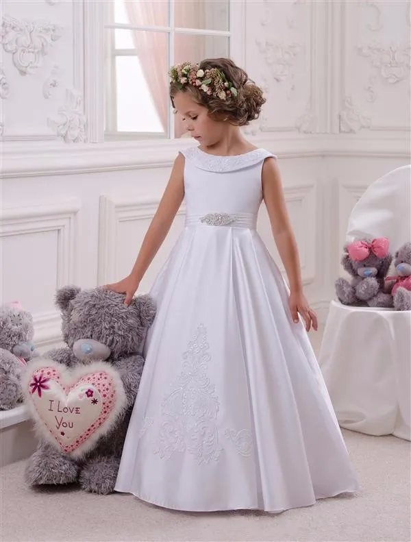 Mode EEN Lijn Witte Bloem meisje Jurken Applicaties Kralen Floor Lengte Satin Pageant Jurken met Strik voor Wedding Party Mode EEN Lijn Witte Bloem meisje Jurken Applicaties Kralen Floor Lengte Satin Pageant Jurken met Strik voor Wedding Party