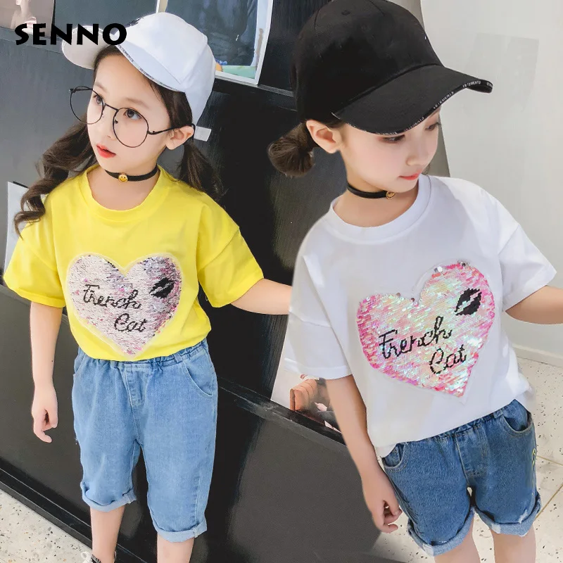 

2018 Newest Sequins Sling Summer Cotton Short Sleeves T-Shirts For Girls Tops & Tees Kids Clothes Baby Girl T Shirts 2-10 Years