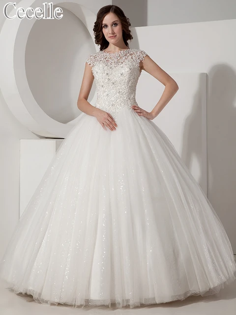 2017 Ball Gown Lace Tulle Modest Wedding Dresses With Cap Sleeves 2017 Ball Gown Lace Tulle Modest Wedding Dresses With Cap Sleeves Princess Ivory Floor Length Corset