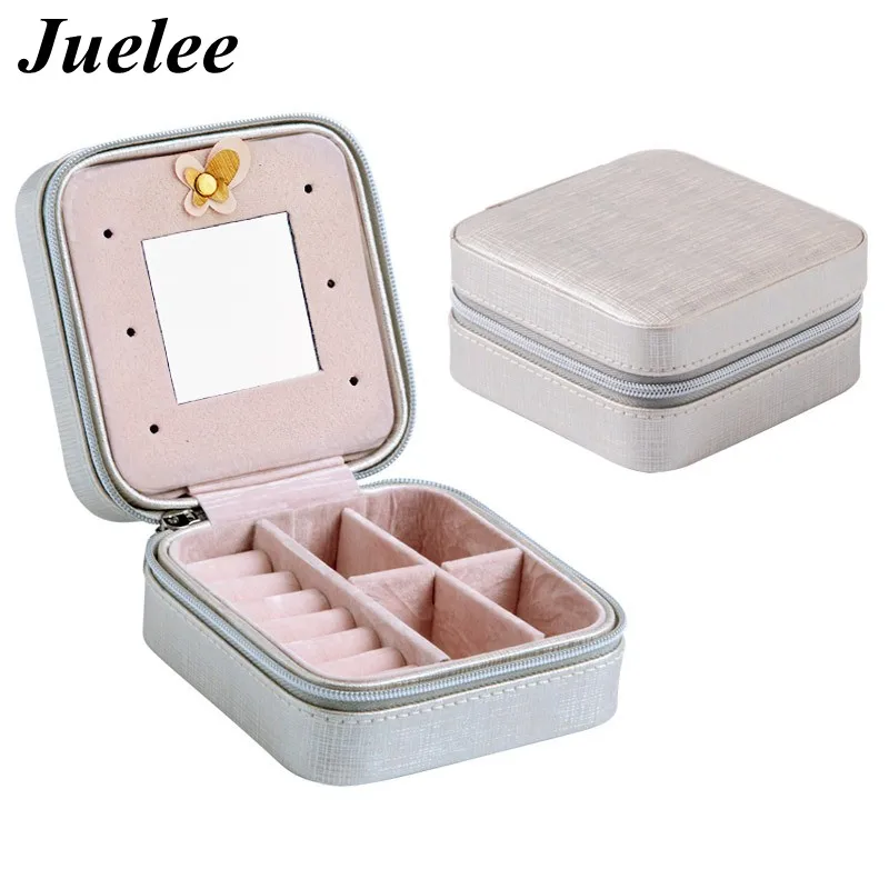 

Juelee Mini Travel Portable Leather Jewelry Box with Mirror Cosmetic Makeup Organizer Ring Earrings Necklace Storage Container