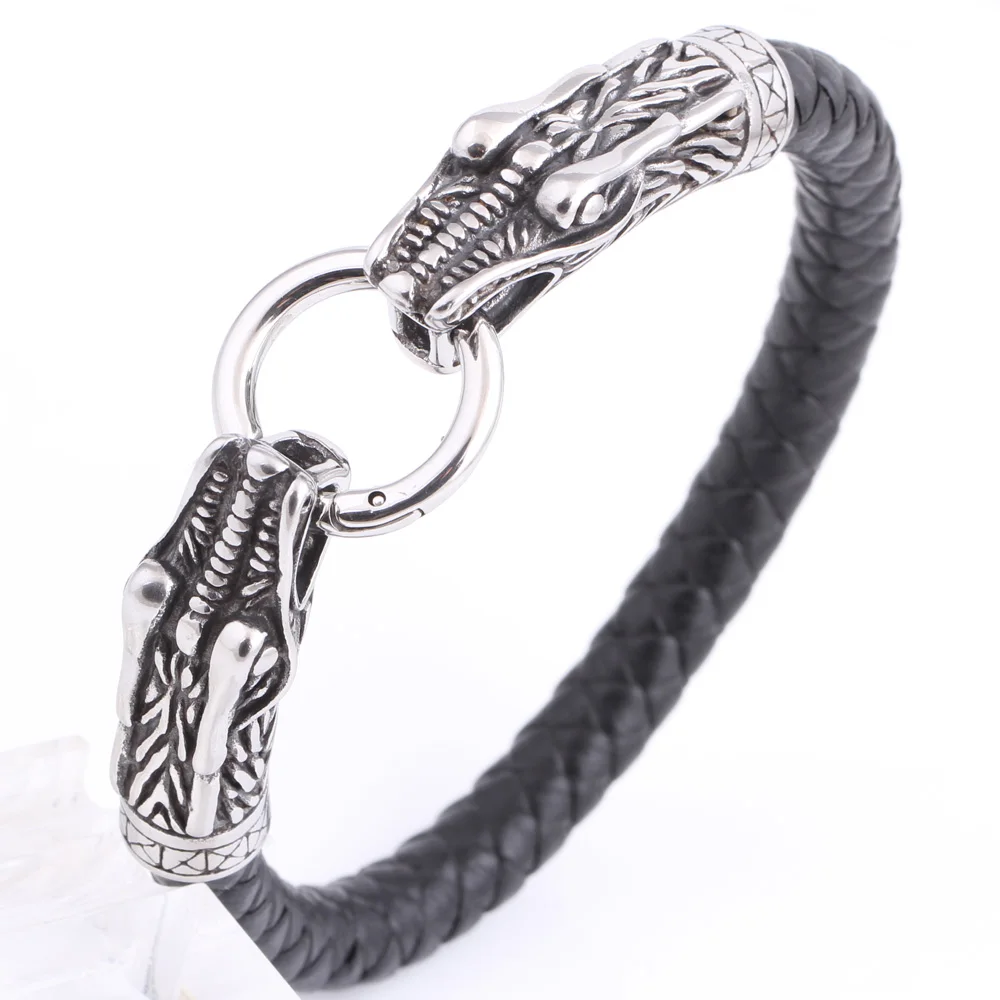 

Genuine Leather Bracelet Men Stainless Steel Leather Braid Wrap Bracelets With snake clasp