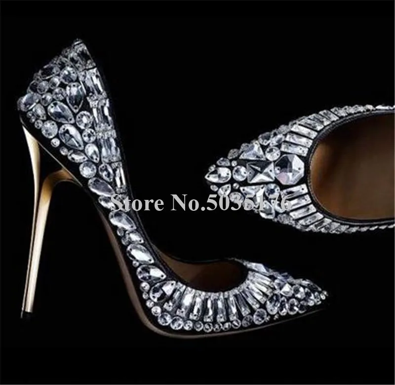 European Women Fashion Sequin Rhineston Bling Bling Pointed Toe Stiletto Heel Pumps Slip-on Shallow Formal Dress Women Shoes