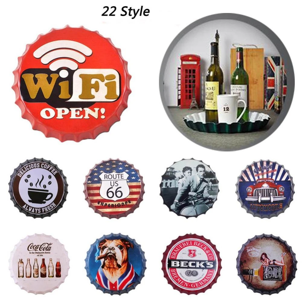 Retro Beer Bottle Caps Hook Tin Sign Wall Decor Metal Bar Plaque Pub Home Shop 