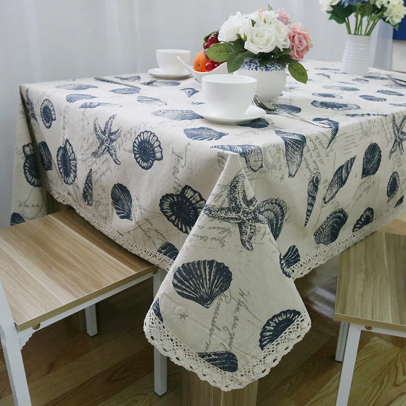 

Senisaihon Korean Linen Cotton Tablecloth Starfish Seashells Pattern Washable Dinner Table Cloth With Placemat Home Decoration