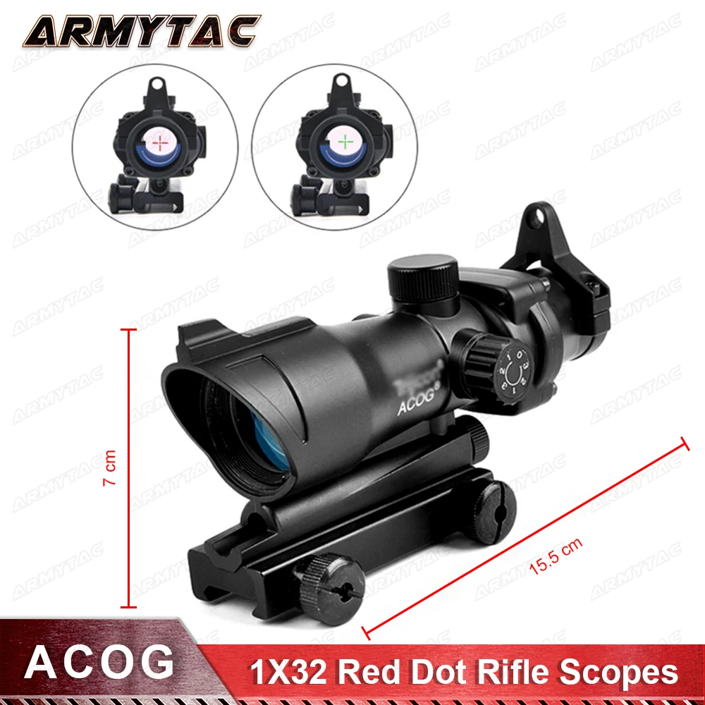 

Hunting Scope ACOG 1X32 Tactical Red Dot Sight Real Red Green Fiber Optic Riflescope with Picatinny Rail for M16 Rifle