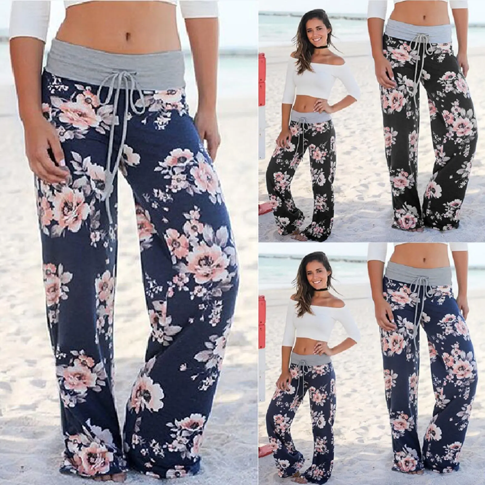 

Women's Blocked Wide Leg Pants Summer 2019 Streetwear High Waist Sweatpants Elastic Casual Drawstring Long Floral Print Trousers