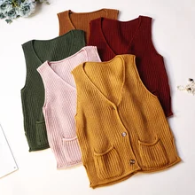 Женский вязаный жилет, пальто на осень и зиму, свободные кардиганы с карманами, свитер, жилет, куртка без рукавов, топы, женский короткий жилет SF1522