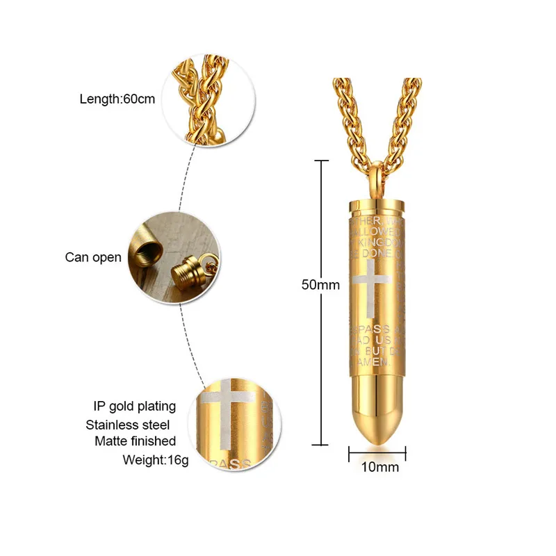 ZORCVENS, мужское ожерелье в форме пули, s& Подвески, можно открыть, панк, нержавеющая сталь, ожерелье с крестом для Мужчин, Ювелирные изделия для молитвы