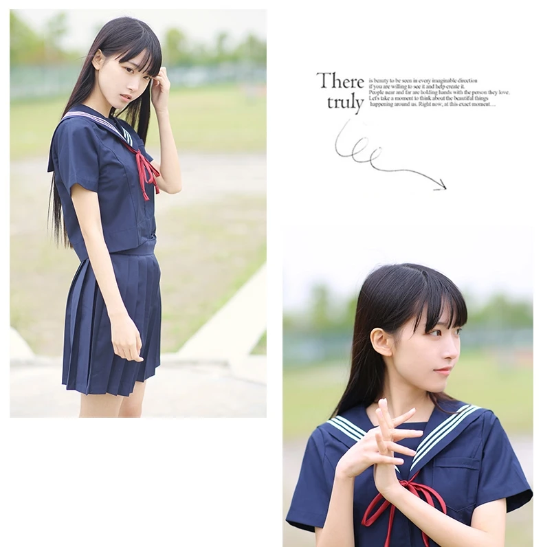 Женский летний комплект японской школьной формы JK, темно-синий костюм: рубашка с матросским воротником и коротким рукавом+ плиссированная мини-юбка+ бант