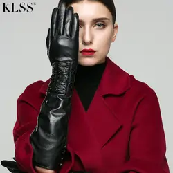 KLSS из брендовой натуральной кожи Для женщин перчатки около 50 см длинные модные элегантные черные козьей перчатки осень-зима плюс бархат X80
