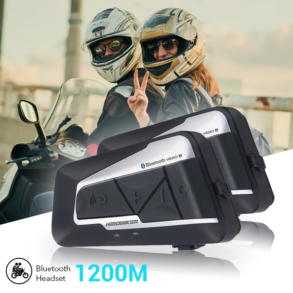 Goedkoop HEROBIKER 2 sets 1200 m BT Motorfiets Intercom Draadloze Bluetooth Moto Helm Headset Waterdichte Interphone FM Radio voor 2 Ritten